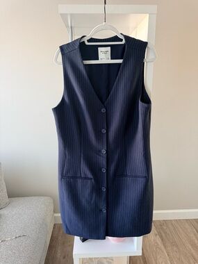 Abercrombie & Fitch Navy Pinstripe Button-Front Sleeveless Dress